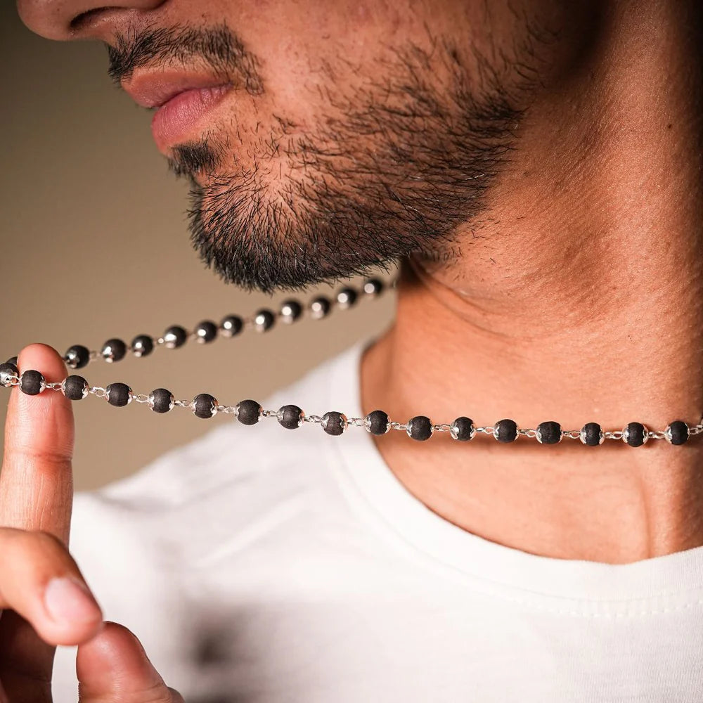 Silver Plated Eternal Karungali Mala - Natural Ebony Wood (Govt. Certified)